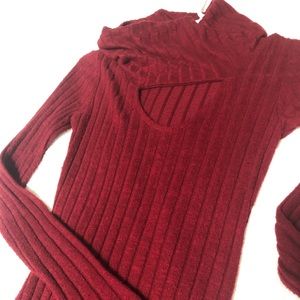 Burgundy- sweater dress with cowl neck and peep hole neck. Used
